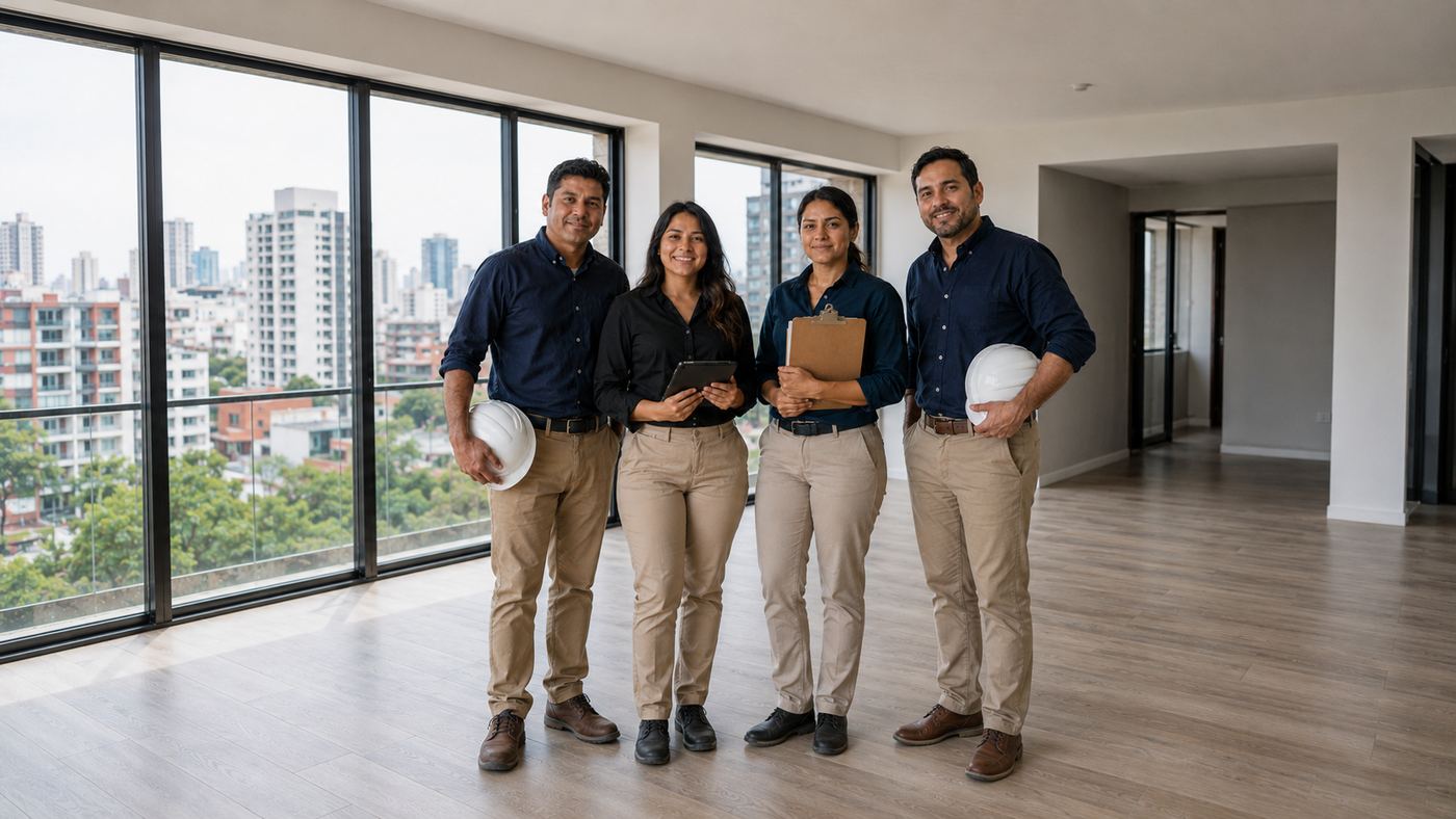 Four members of the Home Inspection SV technical team, holding hard hats, a tablet and a clipboard, inside an empty apartment