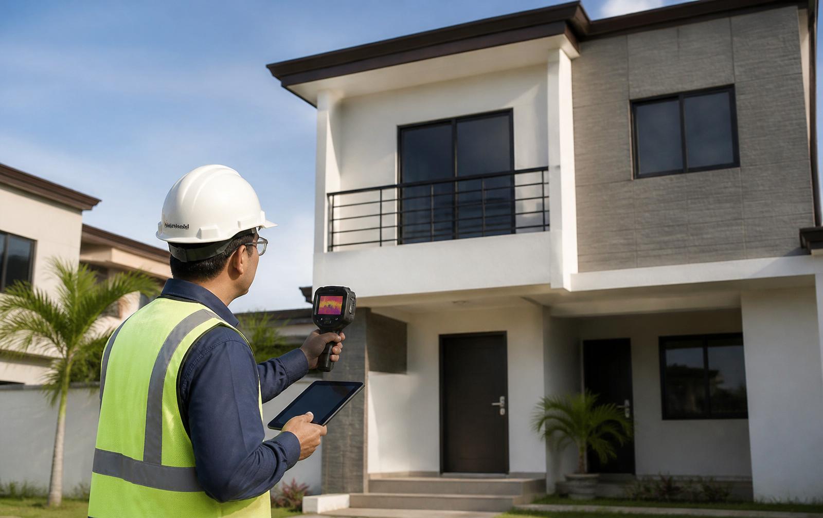 Technical inspector wearing a hard hat and vest checking the facade of a modern two-story house with a thermal camera